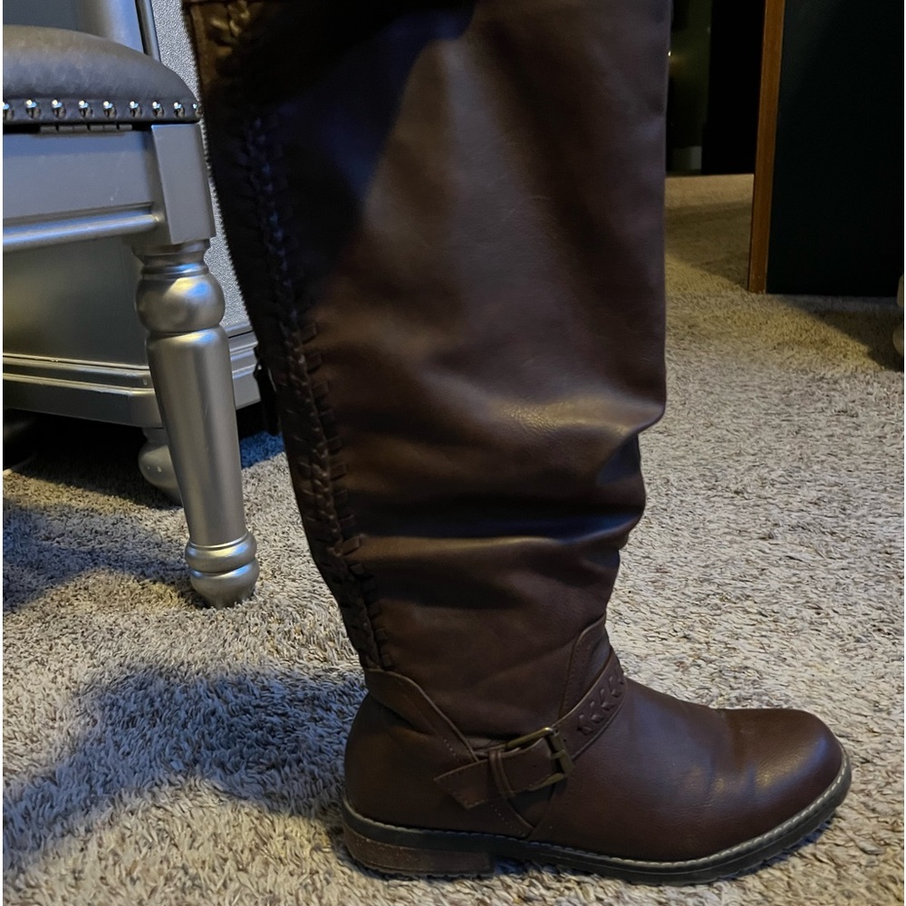 Brown leather-like knee high boots